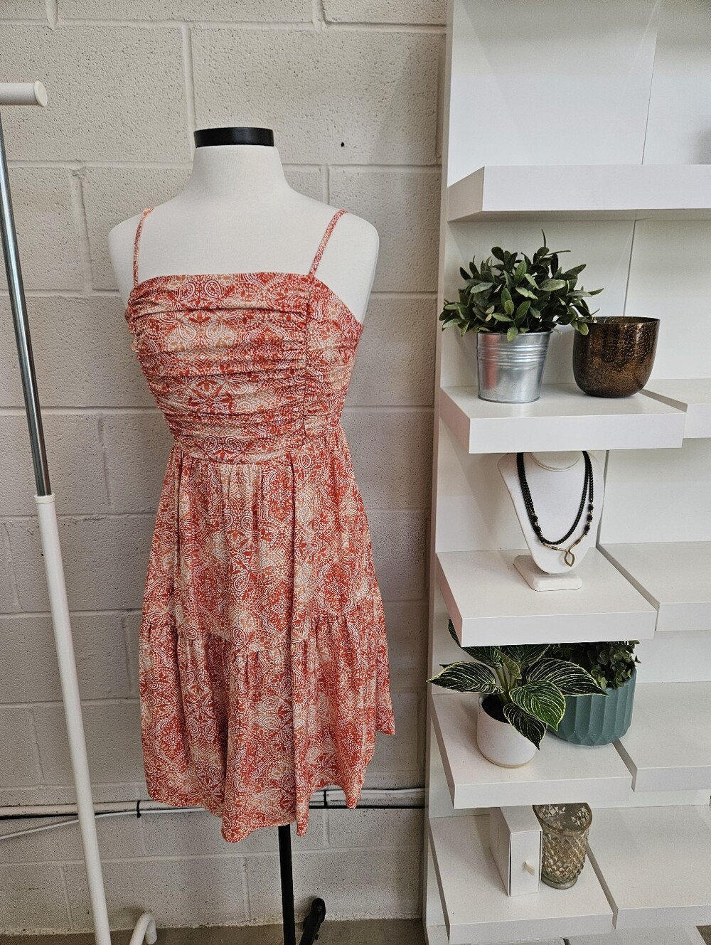 Smocked Bodice Scarf Print Dress
